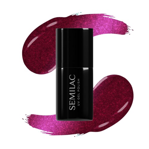 A black bottle of SEMILAC UV gel nail polish with pink and purple brush strokes around it.