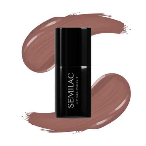 Eine schwarze Nagellackflasche mit der Aufschrift 'SEMILAC UV GEL POLISH' und braune Nagellackspuren um sie herum.