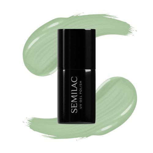 Schwarze Flasche mit der Aufschrift 'SEMILAC UV GEL POLISH' und grüne Farbstriche im Hintergrund.