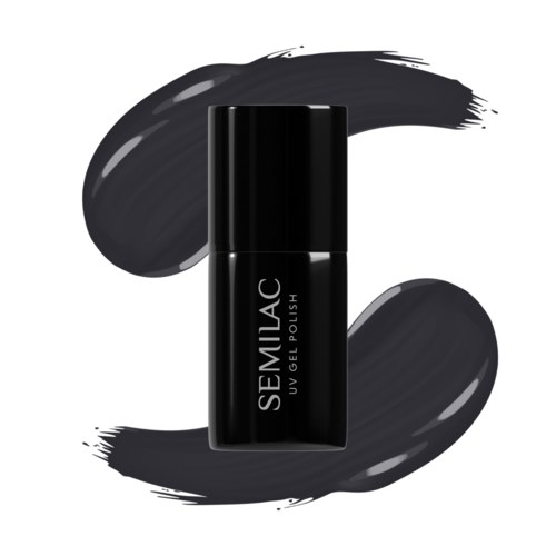 Eine schwarze Flasche SEMILAC UV-Gel-Nagellack mit schwarzen Streifen um sie herum.