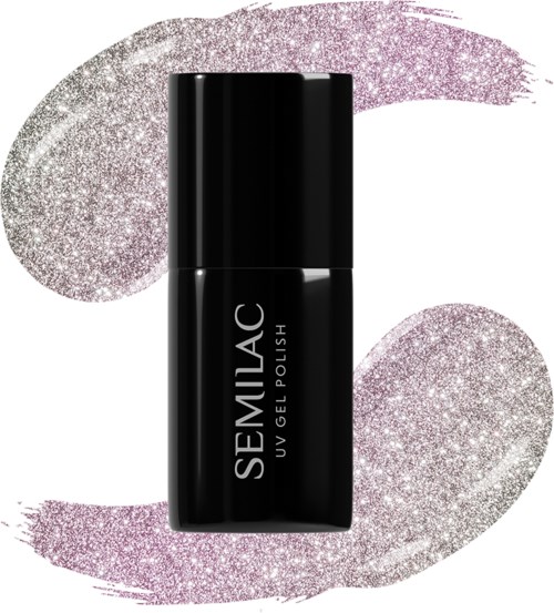 Black nail polish bottle with the word "SEMILAC" and "UV GEL POLISH" on it, against a glittery, pinkish background.