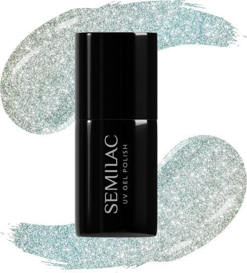 Black bottle of Semilac gel nail polish with a glittery background.