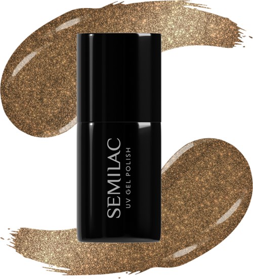 Eine schwarze Flasche Semilac-Gel-Nagellack mit goldglänzendem Hintergrund und Spritzdesign.