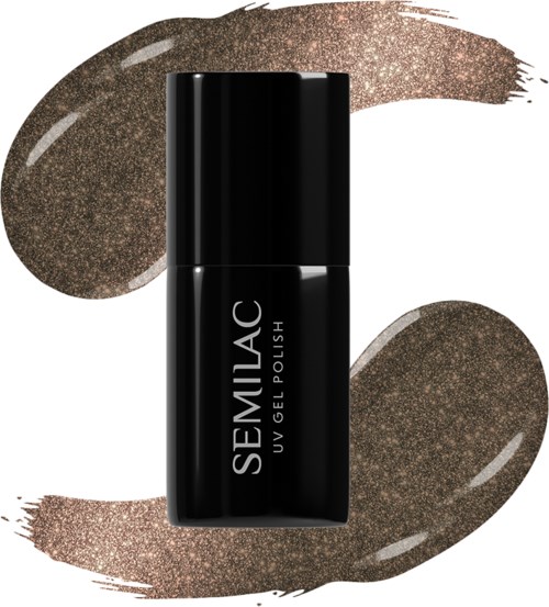 Schöne schwarze Nagellackflasche mit weißen Text, umgeben von braunen Glitzer- Nagellackstrichen.