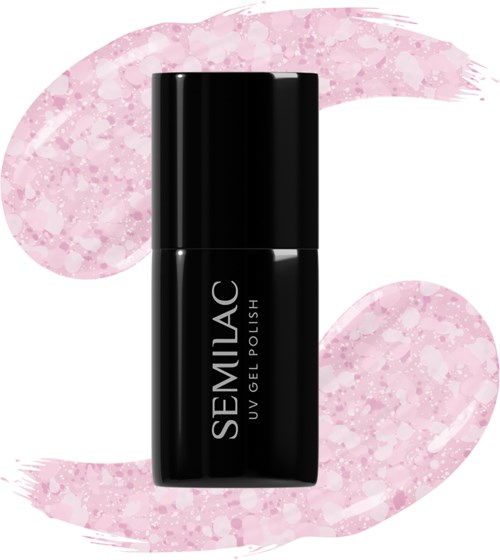 A black bottle of Semilac UV Gel Polish with a pink background.