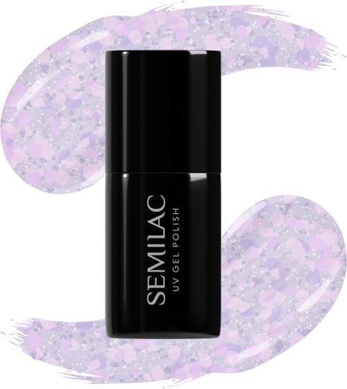 Svart flaska med Semilac UV-gel lack med lila glitterbakgrund.