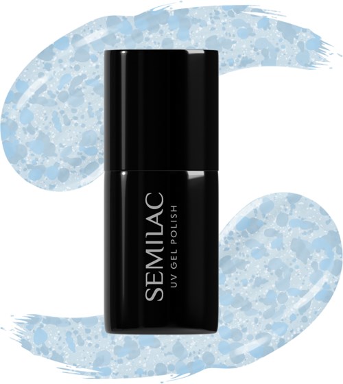 Black nail polish bottle with white text on a blue, abstract background.