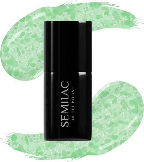 Eine schwarze Flasche SEMILAC UV-Gel Nagellack vor einem grünen, abstrakten, gesprenkelten Hintergrund.
