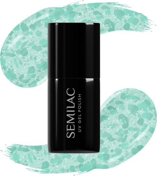Black nail polish bottle with white text, set against a light teal background with splash patterns.
