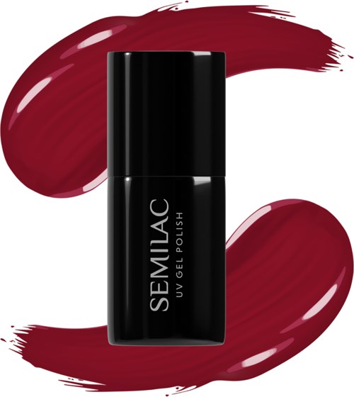 Black nail polish bottle with 'SEMILAC UV GEL POLISH' text, surrounded by swipes of deep red nail polish.