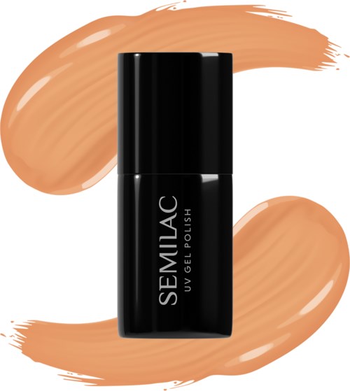 A black bottle of SEMILAC UV gel polish with beige-colored brush strokes in the background.