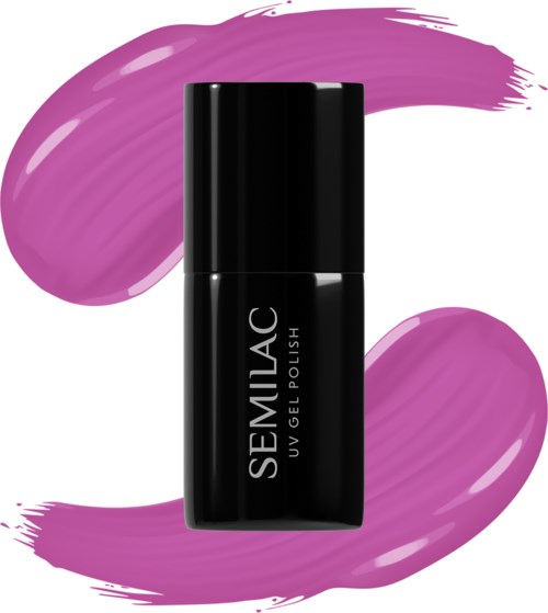 Eine schwarze Flasche mit 'SEMILAC UV GEL POLISH' Beschriftung und lila Pinselstriche im Hintergrund.