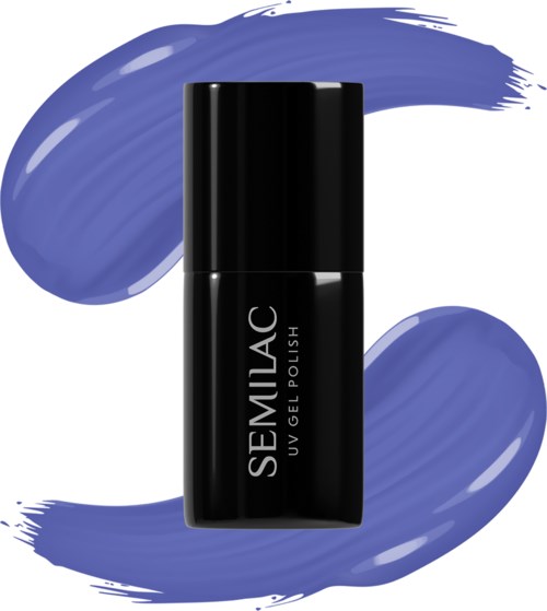 A black nail polish bottle labeled SEMILAC UV GEL POLISH, with purple brush strokes in the background.