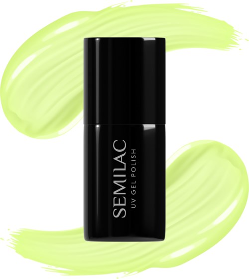 Schöne schwarze Semilac-Gelpoliturflasche mit hellgrünen Pinselstrichen im Hintergrund.