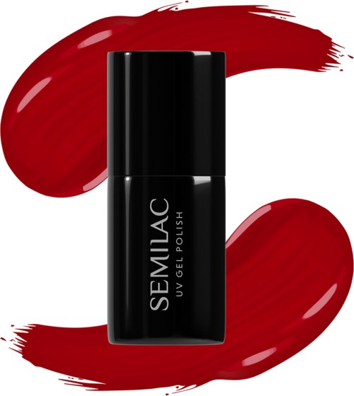 Schöne schwarze Nagellackflasche mit 'SEMLAC UV GEL POLISH' geschrieben, auf rotem Farbklecks-Hintergrund.