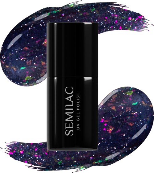 Black gel nail polish bottle with a starry, glittery background. The brand name is Semilac.