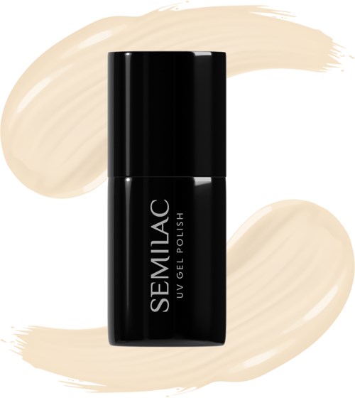 Eine schwarze Flasche mit der Aufschrift 'SEMLAC UV Gel Polish' auf einem beigen Hintergrund mit Pinselstrichen.