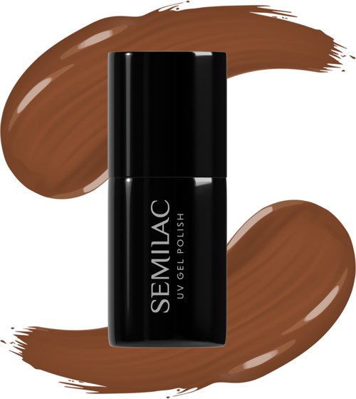 Schwarze Nagellackflasche mit zwei braunen Pinselstrichen dahinter, beschriftet 'SEMILAC UV Gel Polish'.