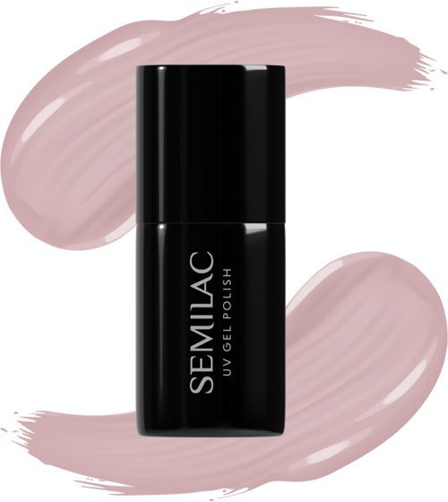 A black bottle of semi-ac VL gel polish with pink and beige brush strokes background.