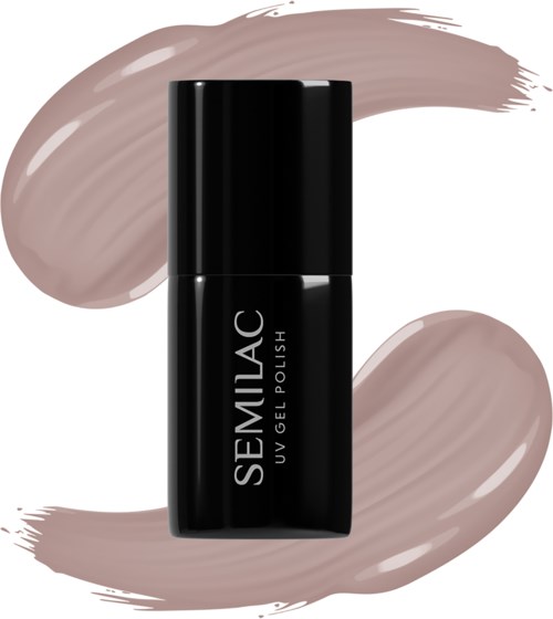 Schöne schwarze Nagellackflasche mit beige Pinselstrichen im Hintergrund.
