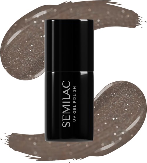 Eine schwarze Flasche mit der Aufschrift 'SEMILAC UV Gel Polish' und braunen Farbswatches im Hintergrund.