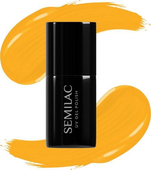 En svart flaska med Semilac UV-gel nagellack med orange penseldrag i bakgrunden.