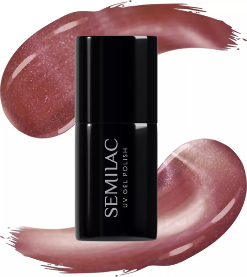 Schwarze Flasche Semilac UV-Gel-Lack mit rosa und braune Striche um sie herum.