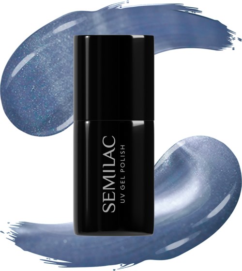 A black bottle of SEMILAC UV gel polish with blue paint strokes in the background.