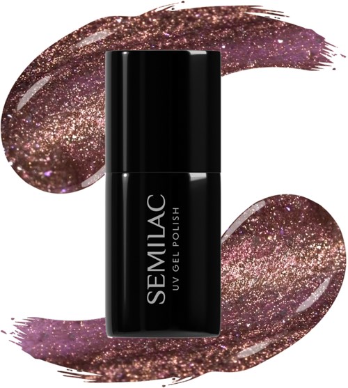 A black nail polish bottle with a sparkly, pinkish glitter background for SEMILAC UV gel polish.