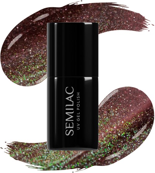 Svart flaska med SEMILAC UV-gel for nagellack med glittrande, mörkröda färgstänk bakom.