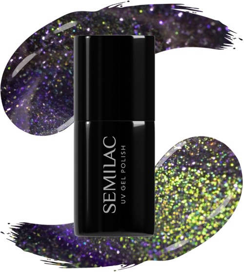 Schwarze Nagellackflasche vor buntem glitzerglänzendem Hintergrund mit violetten und grünen Akzenten.