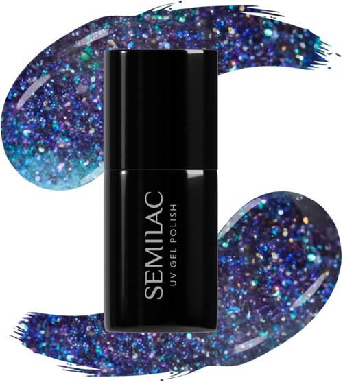 Schöne schwarze Nagellackflasche mit glitzernder blauer und violetter Hintergrundgestaltung.