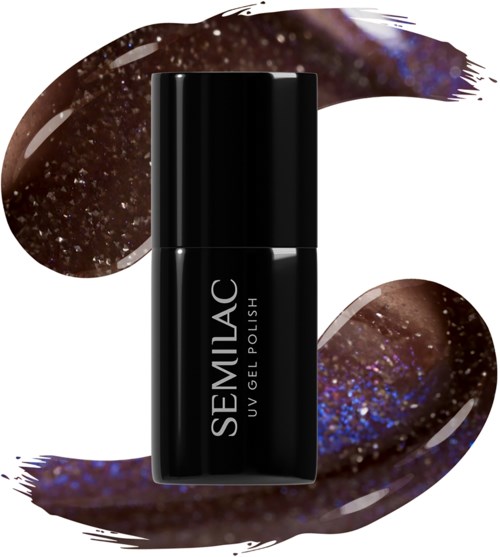 Svart nagellacksflaska märkt 'SEMLAC UV GEL POLISH' med lila och glitterigt bakgrund.