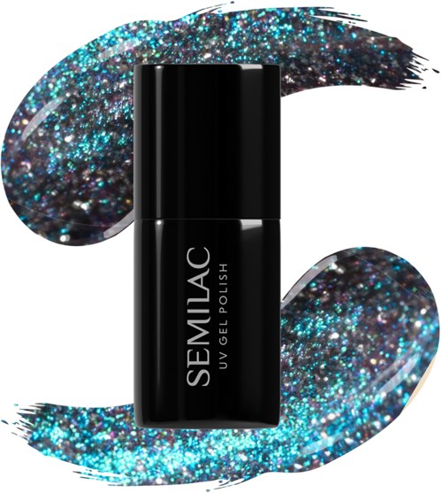 A black nail polish bottle with the brand 'SEMLAC UV GEL POLISH' and a glittery blue background.