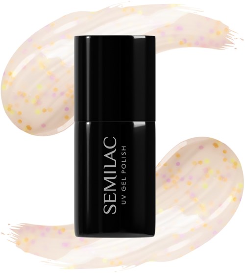 Schwarze Flasche mit Aufschrift "SEMLAC UV GEL POLISH" und bunten Streifen im Hintergrund.