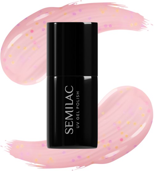 Black nail polish bottle with pink and gold painted background and strokes.
