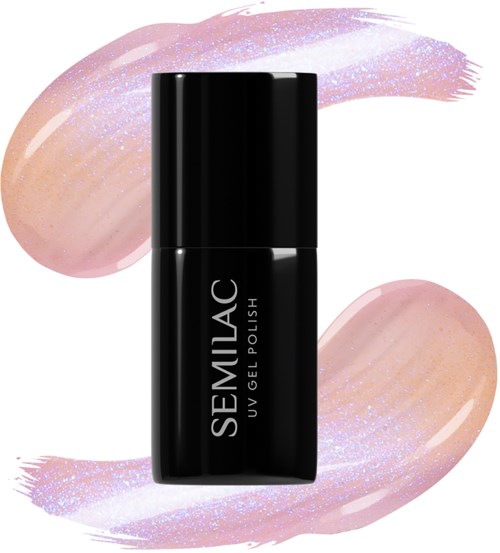 Eine schwarze Flasche SEMILAC UV-Gel-Nagellack mit bunten Pinselstrichen im Hintergrund.