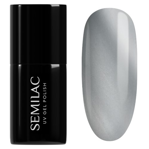 En svart nagellackflaska bredvid ett vitt gelénagellackprov med en glänsande yta.