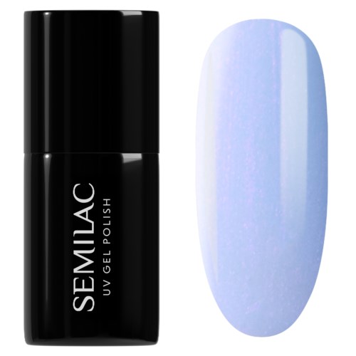 En svart flaska märkt SEMILAC UV Gel Polish bredvid en oval formad, ljusblå gel nagellack prov.