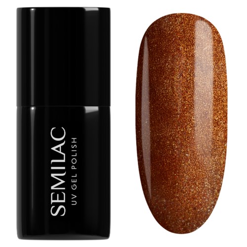 En svart flaska med vit text och ett brunt nagellacksexempel som visar glitter och metalliska effekter.
