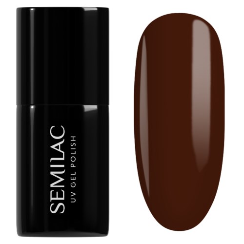 En svart flaska av Semilac UV-gel topplack bredvid ett brunt nagellackstest.