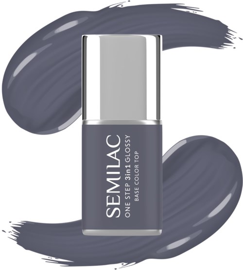Eine graue Nagellackflasche mit silberner Kappe und grauem Nagellack.
