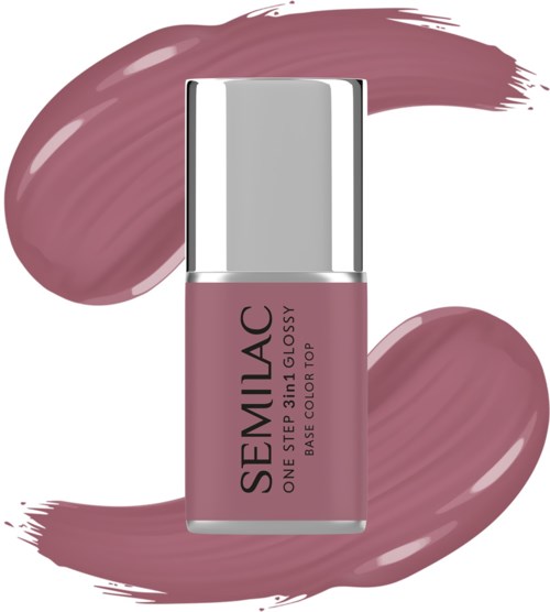 Eine rosa Nagellackflasche mit zwei großen Pinselstrichen derselben Farbe dahinter.