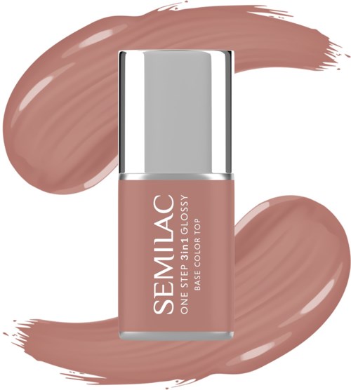 Eine Flasche Semilac Nagellack in einem sanften Pinkton mit ähnlichen Farbstrichen darum.