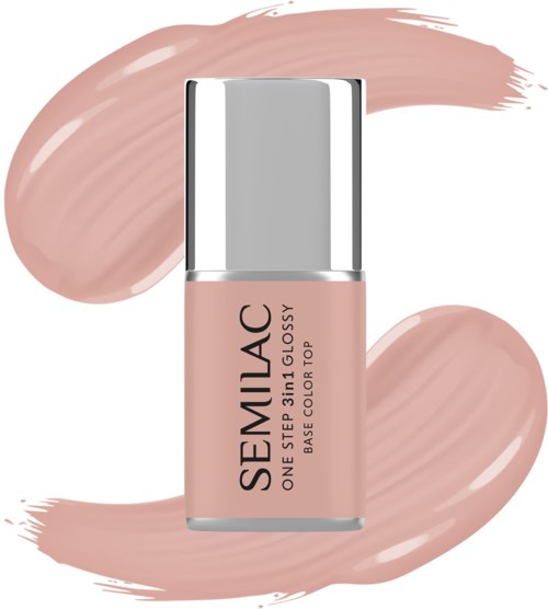 Ein Nagellackflasche mit der Beschriftung 'SEMILAC' und beige Farbkleckse dahinter.
