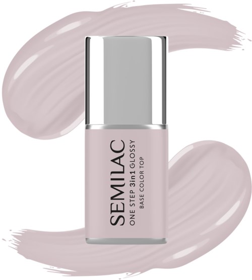 Eine Nagellackflasche mit 'SEMILAC'-Label, rosa Farbe, silberner Deckel, vor gemalten Hintergrund.