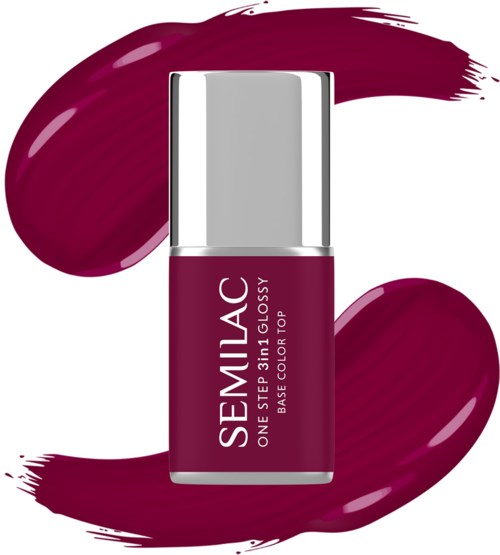 Eine Flasche Semilac Nagellack, dunkelrosa Farbe, mit Pinselstrichen drumherum.