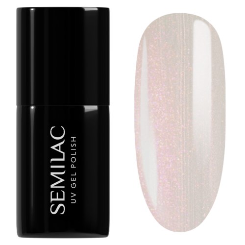 En svart flaska med Semilac UV-gel lack bredvid en provstryk som visar ljusrosa med skimmer.