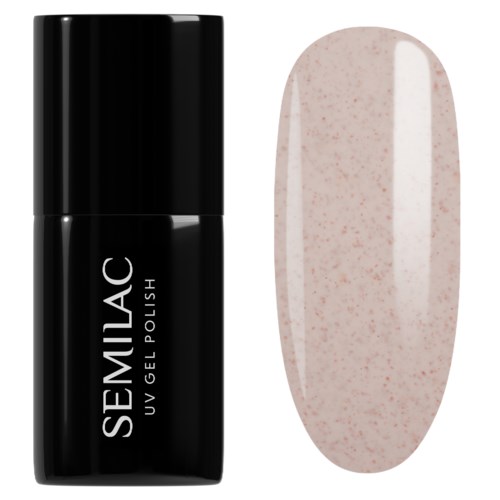 En svart SeMIlAC UV-gelilackflaska och ett nagel med ljus rosa lack med små prickar.