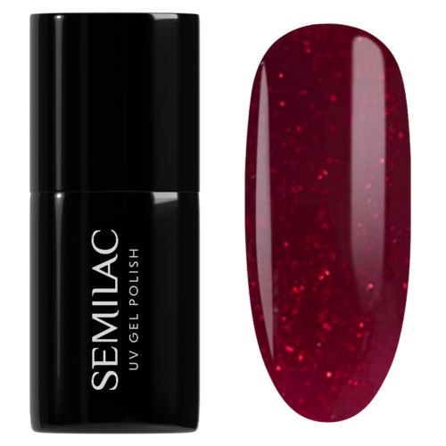 En svart flaska med SEMILAC UV-gelnagellack och ett rött nagel med glitternagellack.